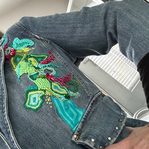 Denim Jacket with modern embrodery with beads. Unique, handmade. - Picture 6 of 6